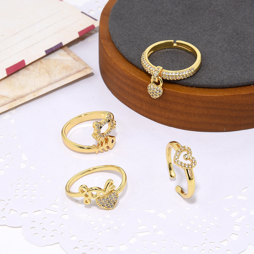 Women's Copper Inlaid Zircon Heart-shaped Ring